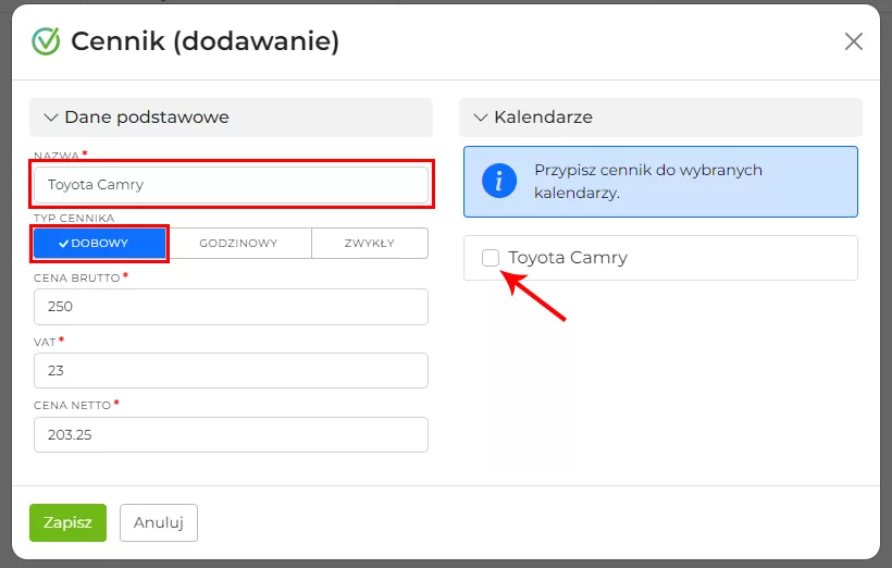 Dodawanie cennika