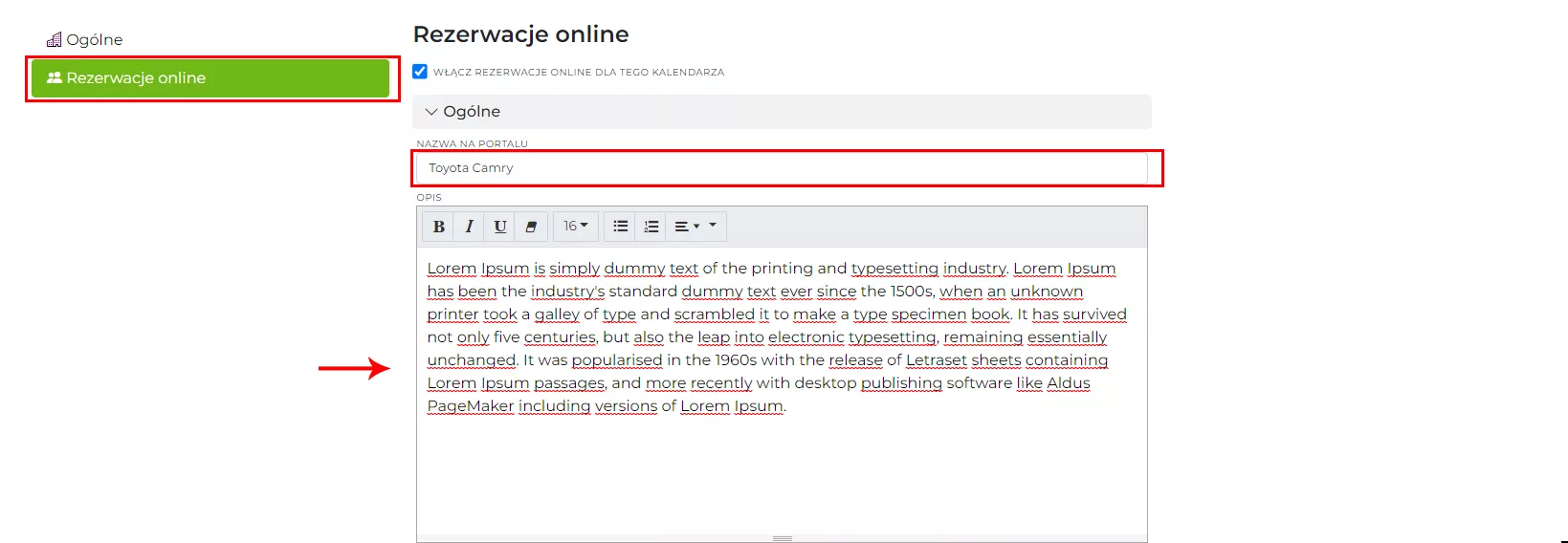 Rezerwacje online dla kalendarza - konfiguracja opisu